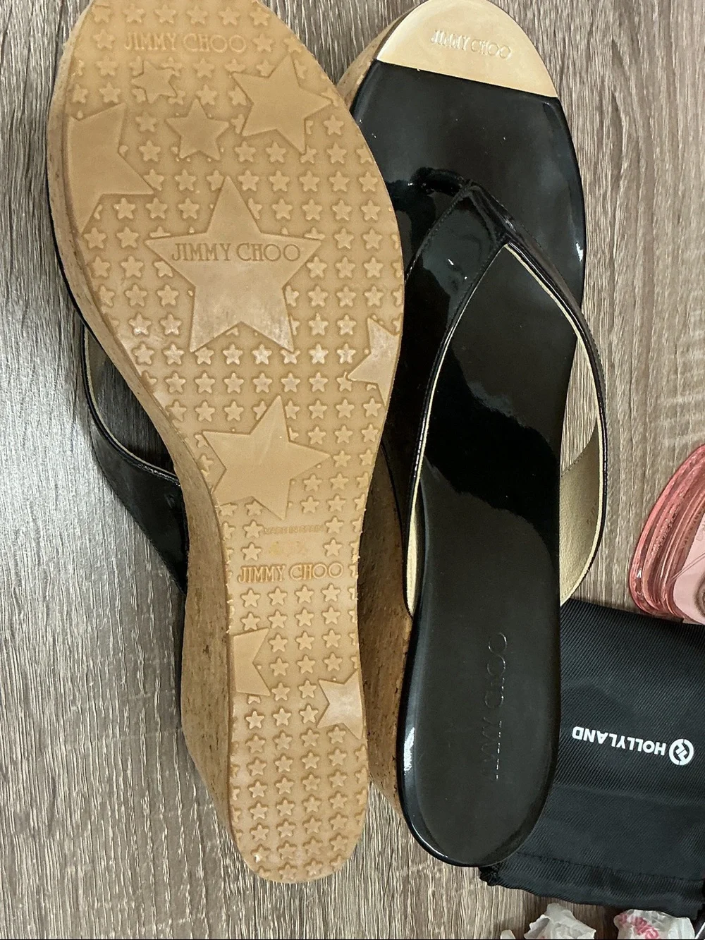 Jimmy Choo Black Patent Cork Wedge Thong Sandals